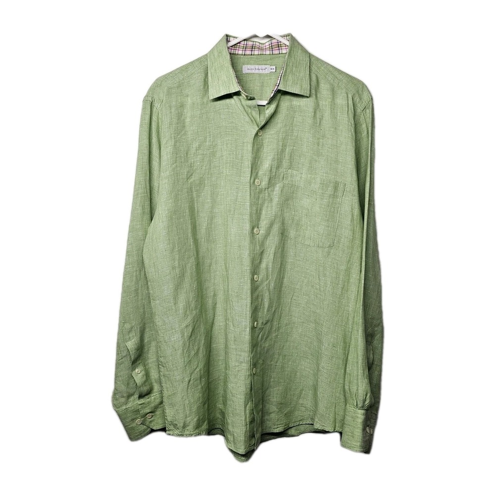 Alex Cannon Mens Medium 100% Linen Green Pocket Button-Down Classic Long Sleeve